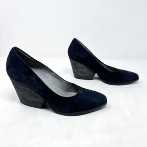 [Eileen Fisher] Navy Blue Pointed Toe Hawk Suede Pumps Stacked Heels Size 6